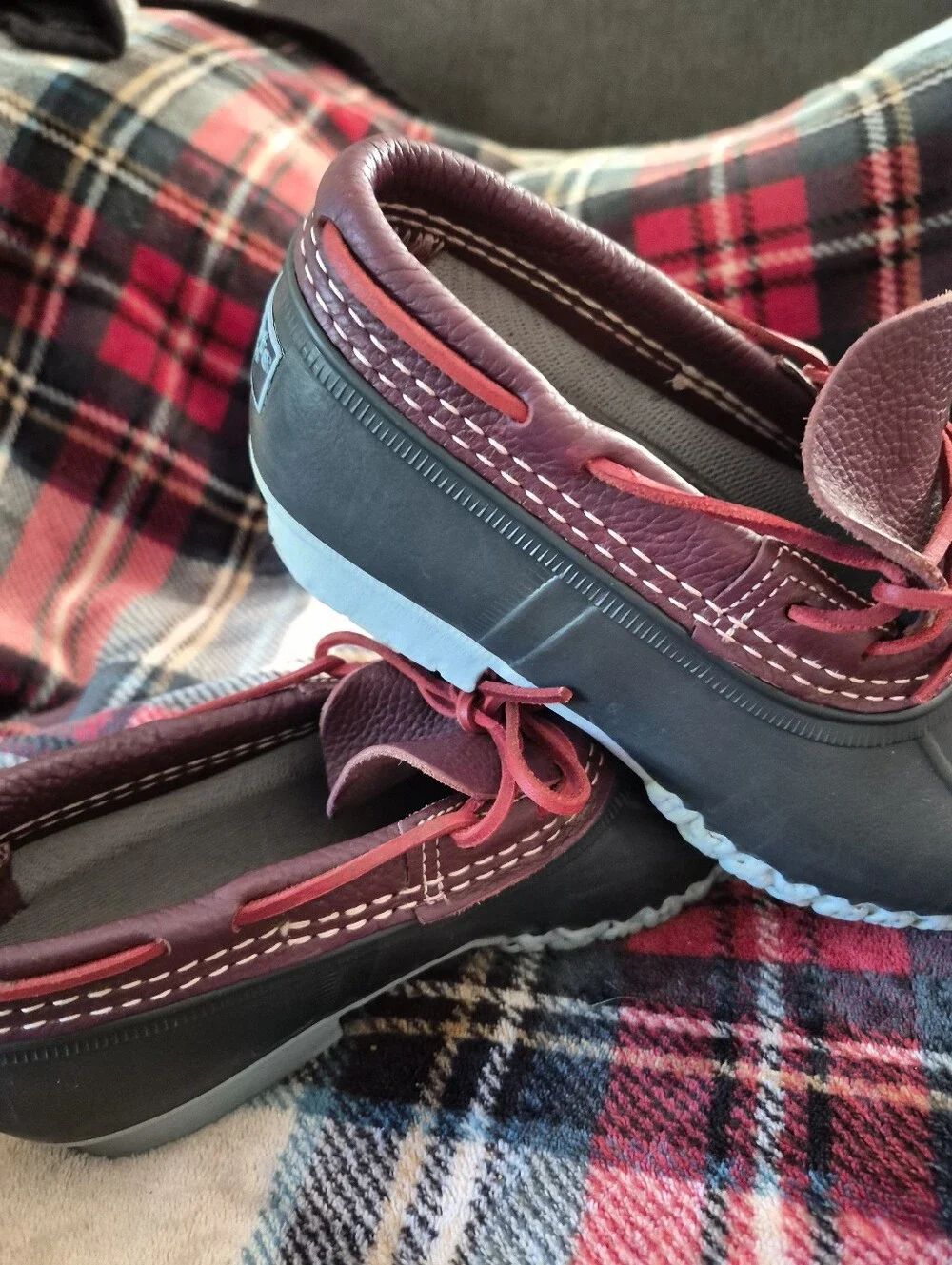 LL BEAN Made I Maine! Burgundy Leather & Black Rubber Duck Boots with Red Laces